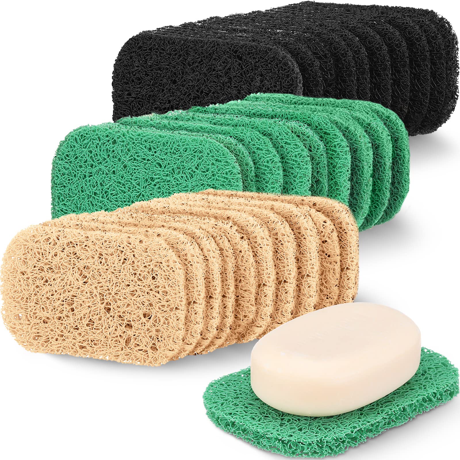 30 Pcs Soap Saver Pads - Reusable Bar Soap Holders with Drain Holes for Shower, Kitchen & Bathroom - Non-Slip Soap Dishes & Cleaning Accessories (Black, Green, Beige) - Perfect for Organizing Soap in Wet Areas & Preventing Mess