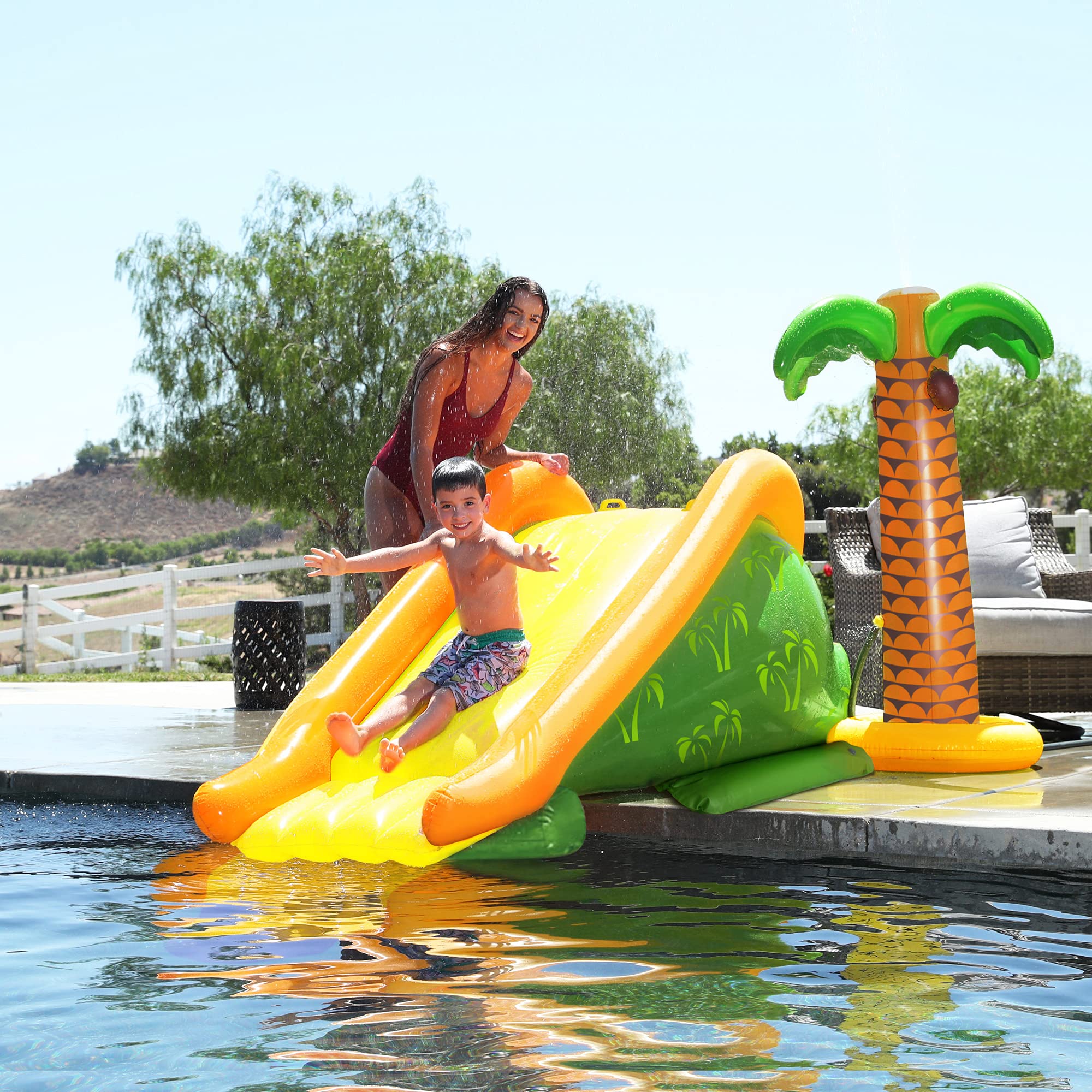 8.5' Inflatable Palm Tree Pool Slide with Water Sprinkler - Fun Summer Water Play for Kids, Backyard Parties & Beach Activities