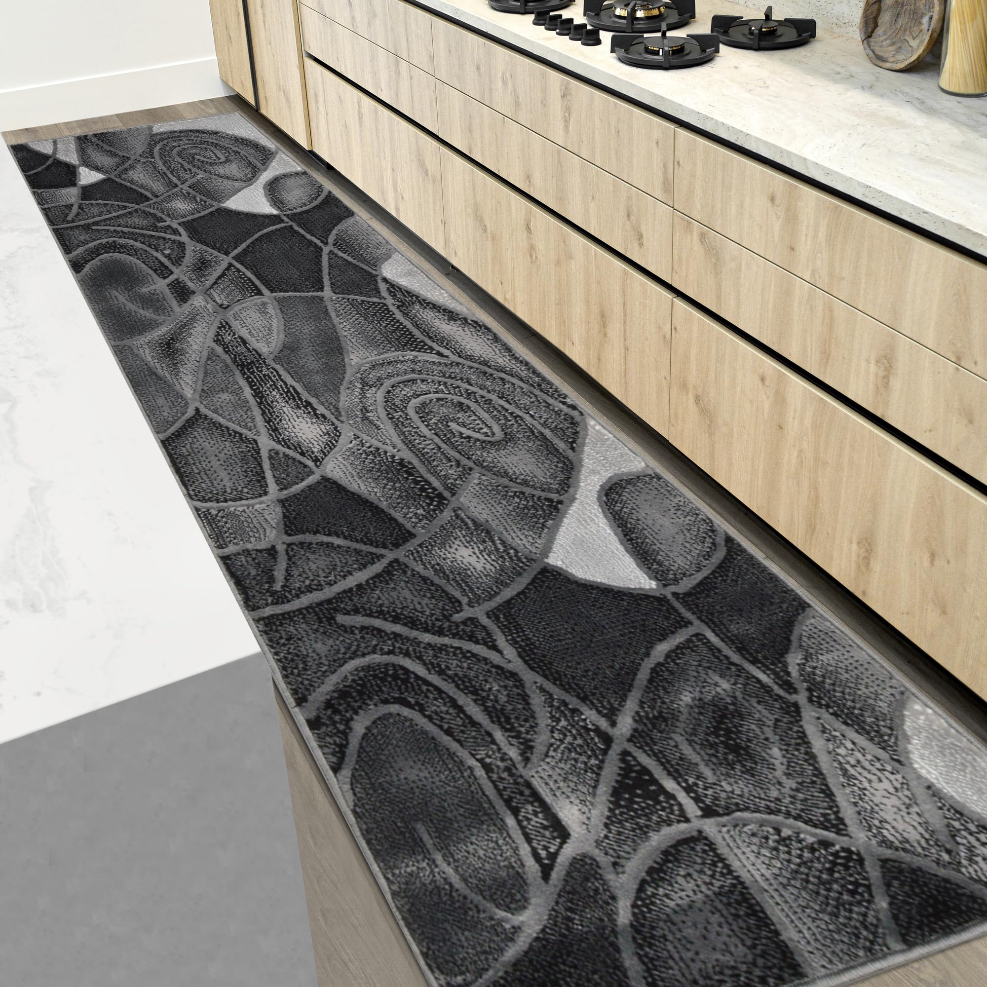 HR Gray/Black/Silver Abstract Area Rug - Modern Contemporary Non-Shedding Circle Wave Design - 2’x7’ Runner for Bedroom, Living Room & Hallway Decor