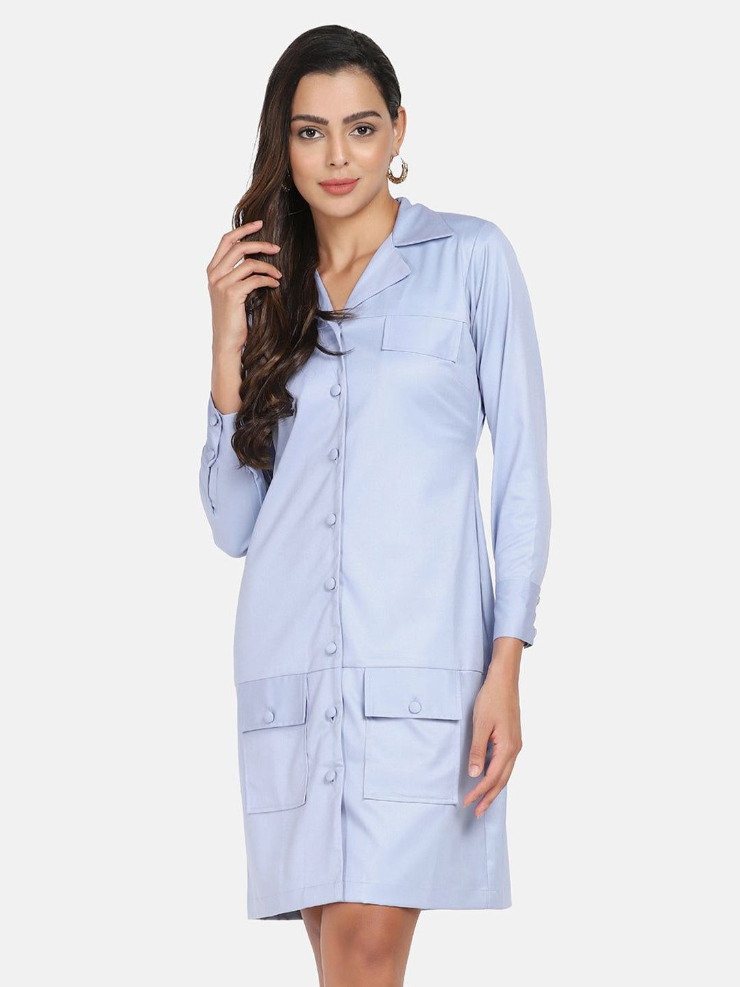Business Formal Stretch Button Down Dress for Women - Light Blue Office Wear | Professional Work Attire & Corporate Outfits