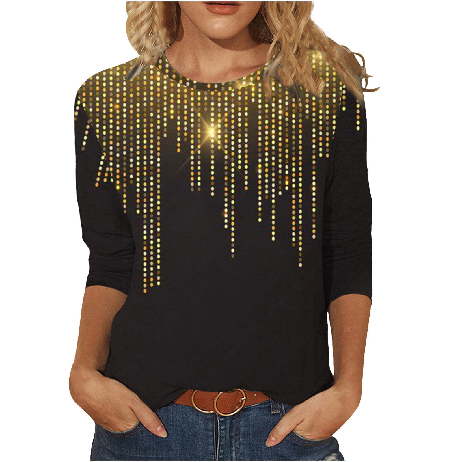 Women's Fashion Sequins Printed Blouse - Crew Neck 3/4 Sleeve Satin Top for Spring & Summer | Comfortable Mid-Length Tee for Casual Wear, Office & Party Outfits