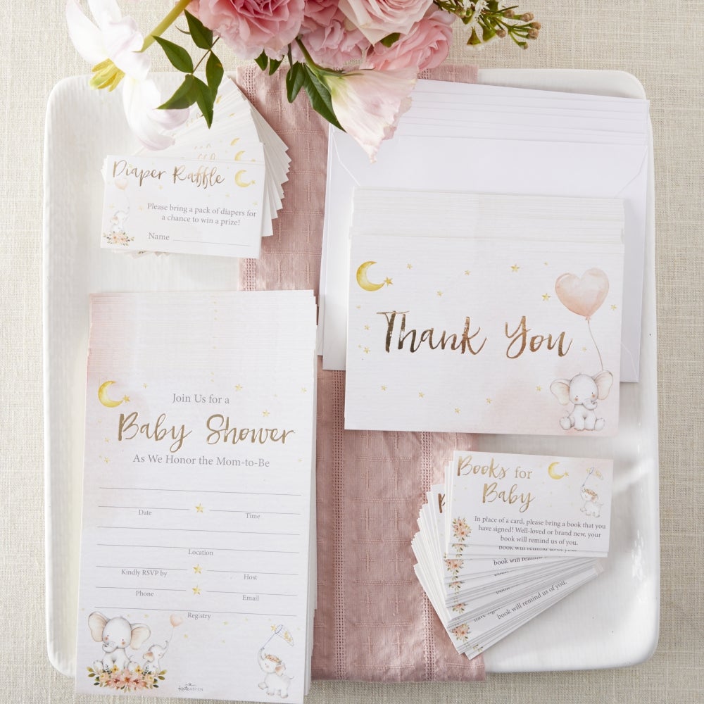 Adorable Pink Elephant Baby Shower Invitations & Thank You Cards Set - 25-Piece Bundle for Gender Reveal Party & Newborn Celebration