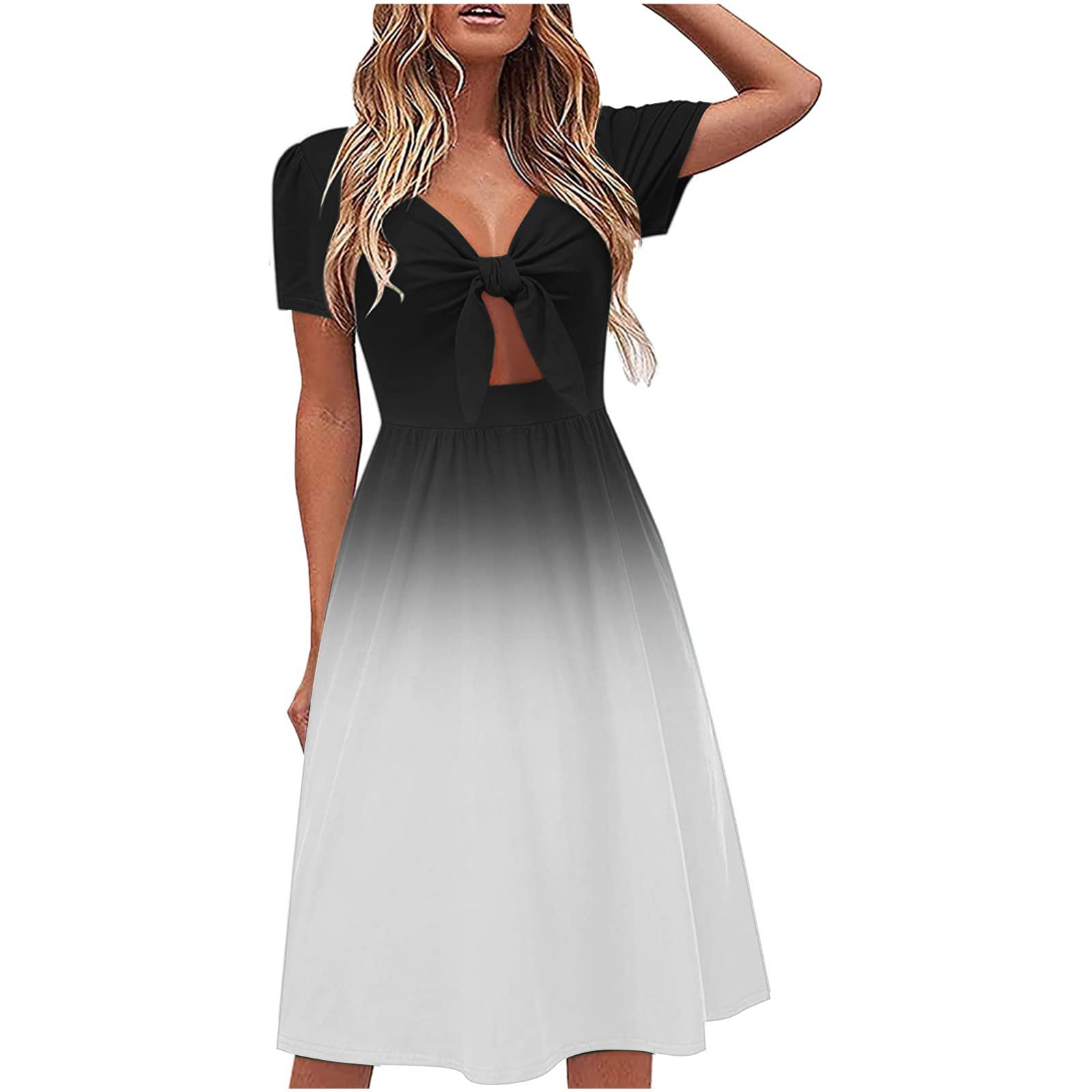 Usupdd Women's Summer Dresses 2023 - V Neck Bow Tie Front Flowy A-line Swing Sundress with Gradient Color & Short Sleeves | Perfect for Beach, Vacation, Casual Outings, Date Night & Summer Parties