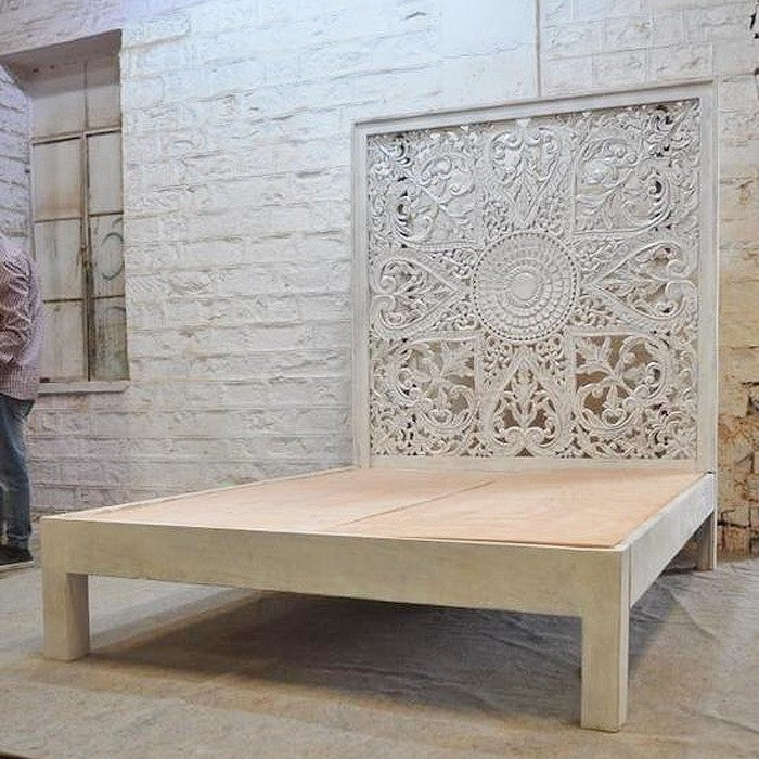 Hand Carved Solid Wood Indian Kerri Bed Frame in White - Elegant & Durable Bedroom Furniture for Master Suite or Guest Room