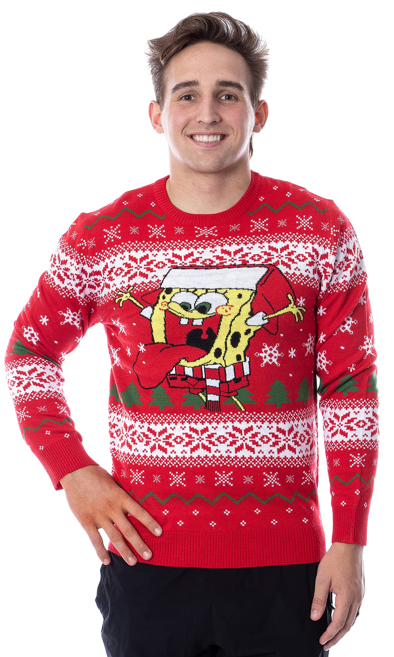 Nickelodeon SpongeBob SquarePants Men's Ugly Christmas Sweater - Festive Snowflake Design Holiday Knit Pullover for Christmas Parties & Family Gatherings