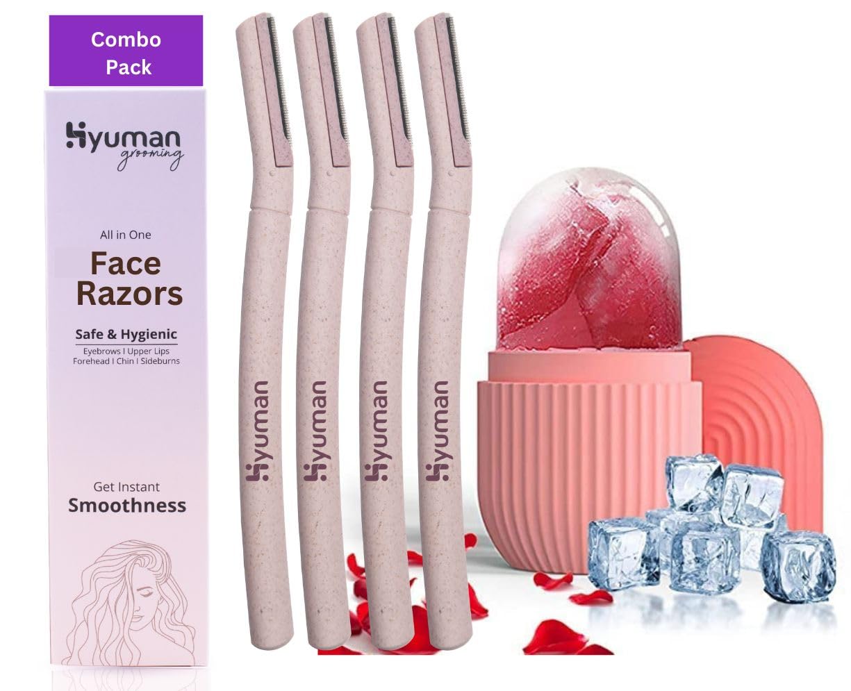 Hyuman Women's 4-Pack Facial Razor & Ice Roller Set | Premium German Stainless Steel Blades | Eyebrow, Upper Lip & Chin Hair Remover | Cooling Face Massager for Puffiness & Skincare | Perfect for Travel, Spa Days & At-Home Beauty Routines