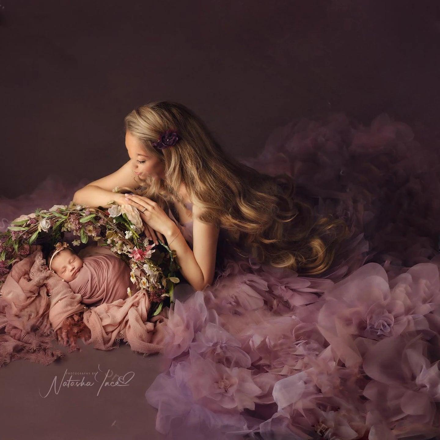 Elegant Ruffled Maternity Gown with High Side Slit - Perfect for Maternity Photoshoots, Baby Showers & Pregnancy Announcements