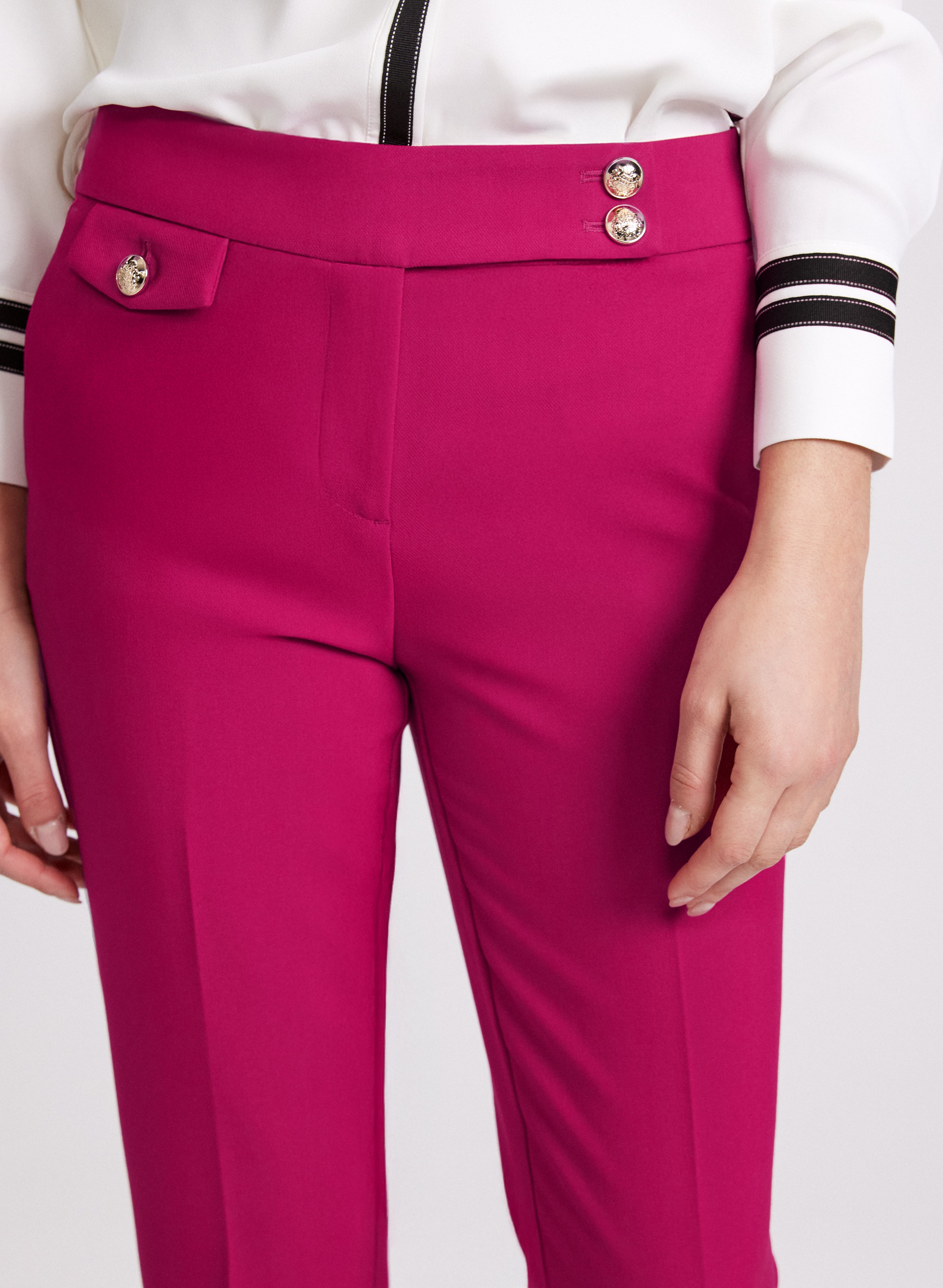 Emma Embossed Button Slim Leg Pants for Women - High Waisted Stretch Office Pants, Business Casual Work Trousers for Professional & Everyday Wear