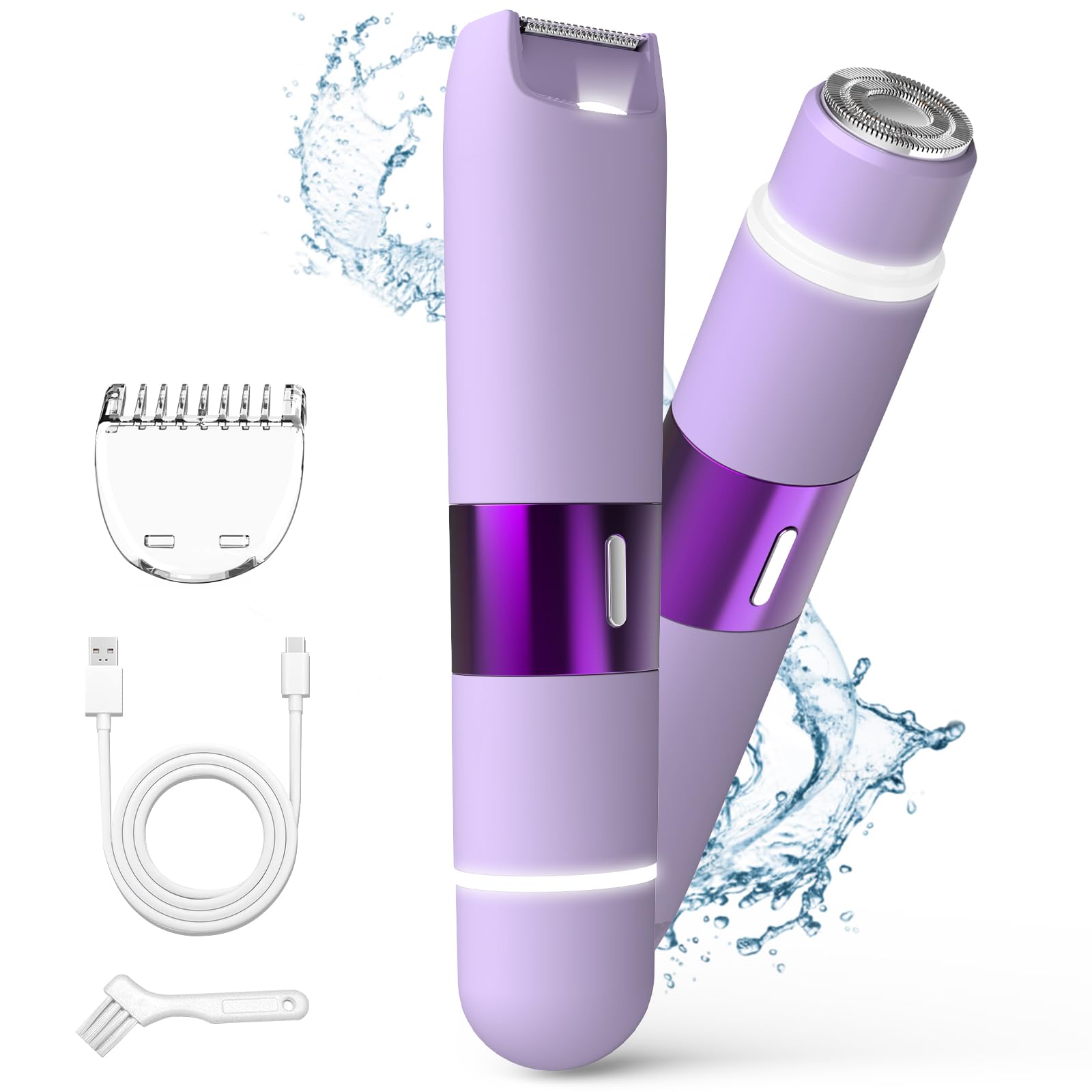 Women's Bikini Trimmer & Body Shaver - Dual Head Electric Razor for Painless Hair Removal, Waterproof Pubic Hair Trimmer for Underarm, Legs, Arms & Face, Rechargeable IPX7 Shaver (Purple) - Perfect for Travel, Gym & Sensitive Skin Care