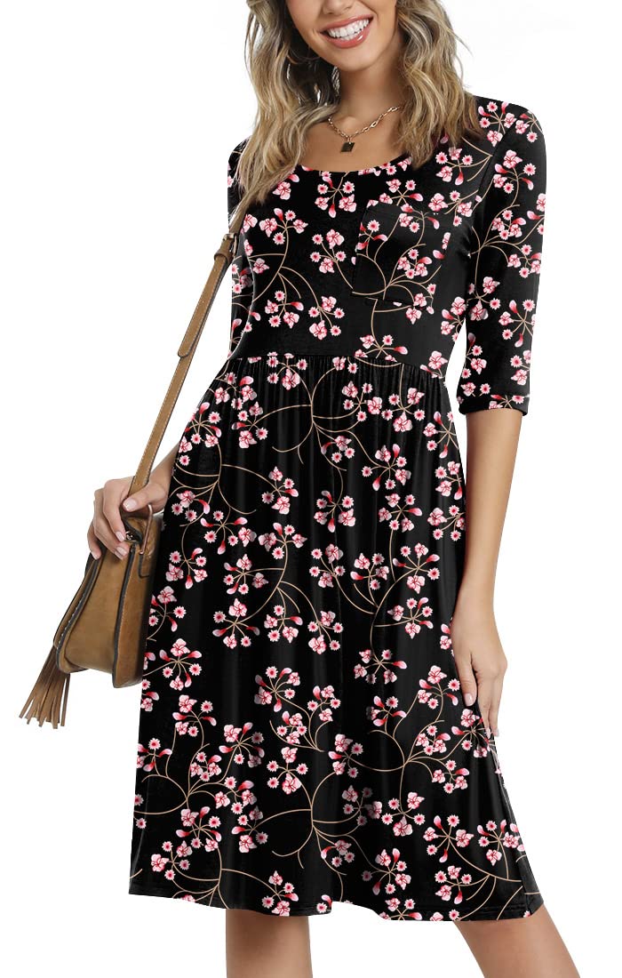 CATHY Women's 3/4 Sleeve High Waist Midi Dress with Pockets - Casual Round Neck Flowy Dress for Spring/Summer 2025 | Perfect for Office, Date Night & Brunch Outfits