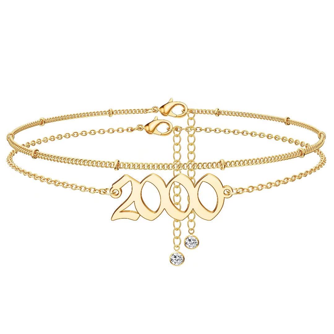 14K Gold Plated Birth Year Anklet - Women's Beach Jewelry Gift for 1970-2021 Birthdays & Anniversaries