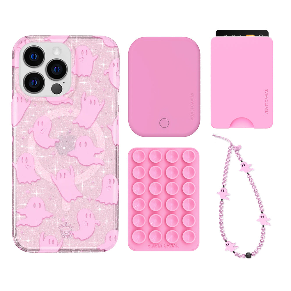 Pink Glitter iPhone Case with Wallet - Ghosted Design - Trendy Protective Phone Cover for Women - Perfect for Parties, Travel & Everyday Use