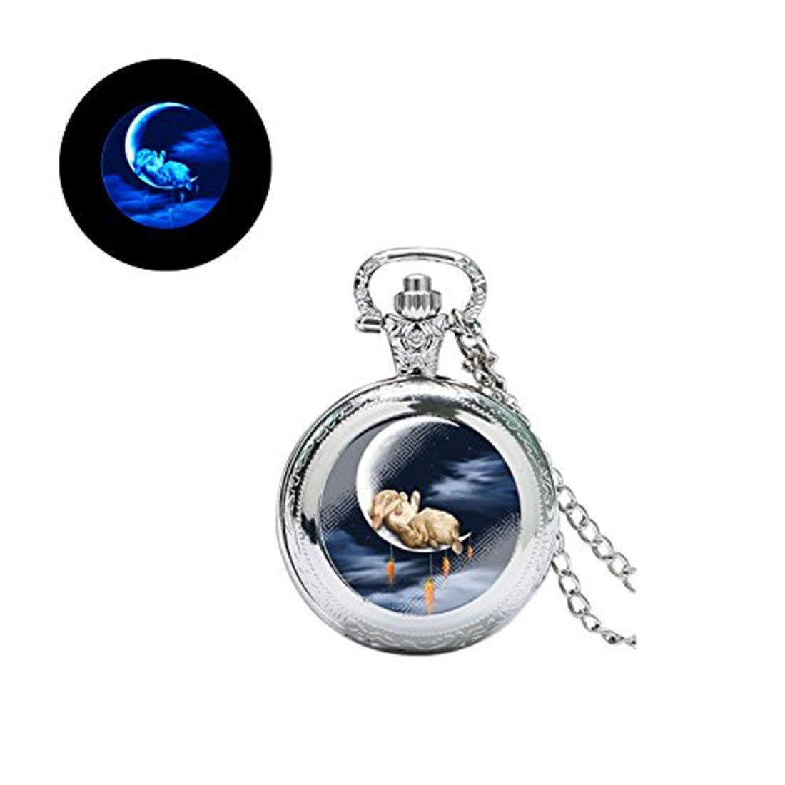 Laco 1925 Glowlala Glow in The Dark Bunny Watch Necklace - I Love You to The Moon and Back Rabbit Glowing Watch Jewelry - Gifts for Her, Moms, Mothers, Girls, Women (Silver) - Perfect for Valentine's Day, Anniversaries & Birthday Presents
