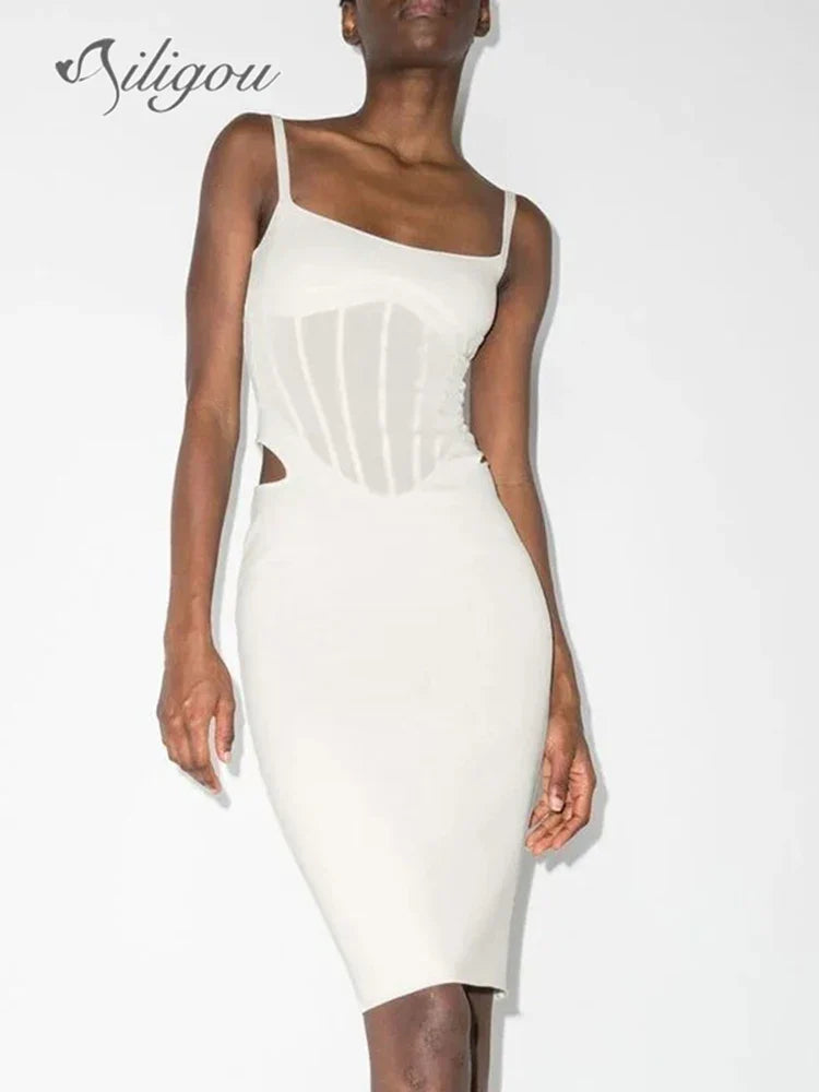 **Ailigou Women's Sexy Sleeveless Bandage Midi Dress - Tight Fit, Hollow Lace Design, Elegant Club & Party Wear for Summer Nights**
