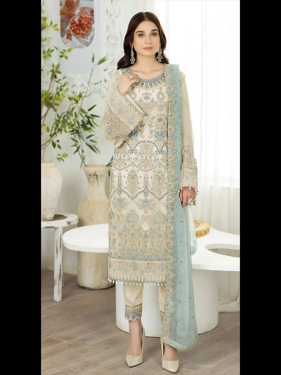Elegant Beige Designer Heavy Semi Stitched Pant Suit with Multi-Thread Embroidery Handwork for Women | Formal Office Wear & Wedding Guest Outfit