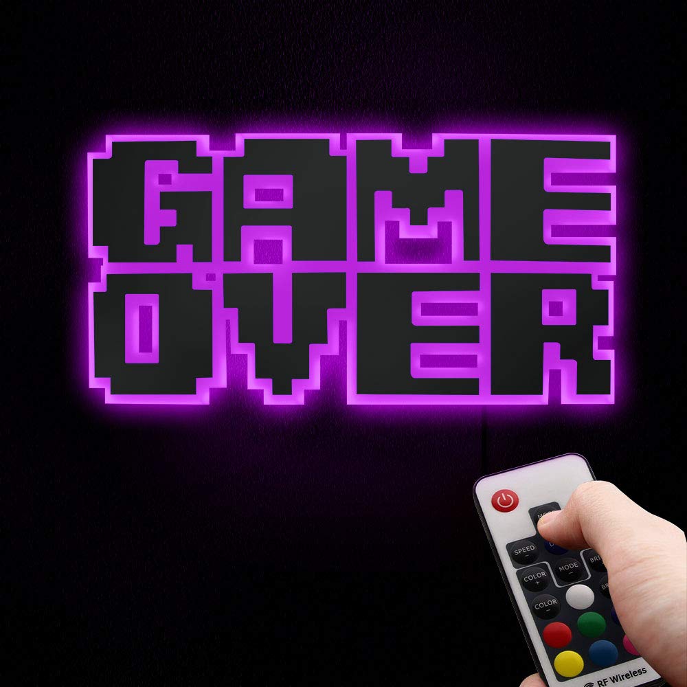 8-Bit Pixel Game Over LED Light Sign - Remote Control Wall Decor for Video Game Party, Man Cave & Bar - Retro Gaming Room Lighting & Gamer Gifts