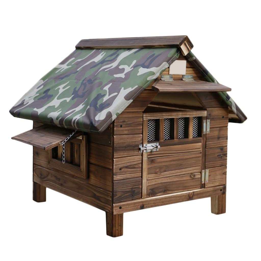 Weatherproof Outdoor Wooden Dog House with Door & Windows - Large Dog House for Outside Use, Rain Cover Included, Brown, 56x45x48cm - Perfect for Backyard, Garden & Patio Protection