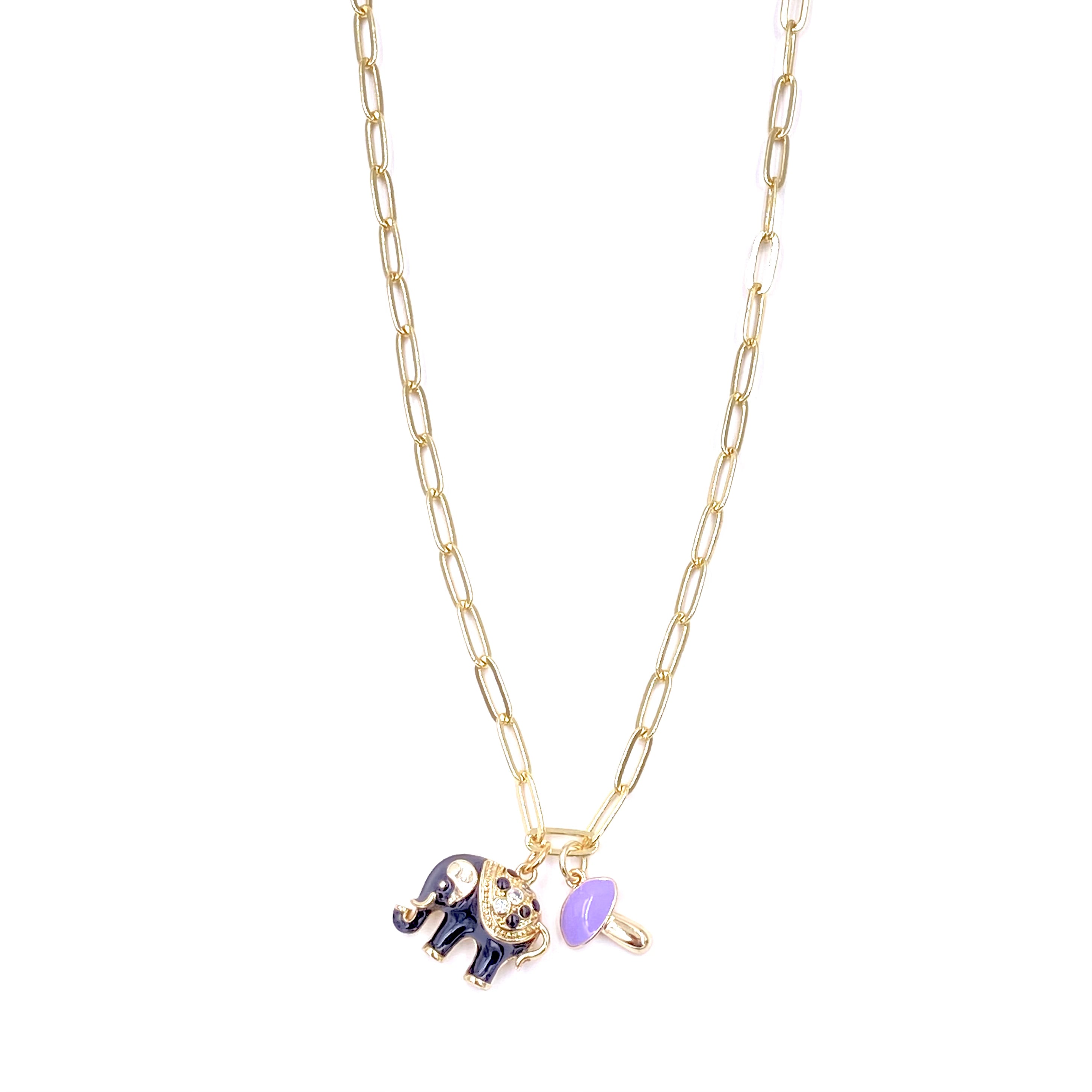 Ashley Gold Stainless Steel Gold Plated Enamel Elephant Double Charm Link Necklace for Women - Elegant Jewelry Gift for Birthday, Anniversary & Special Occasions