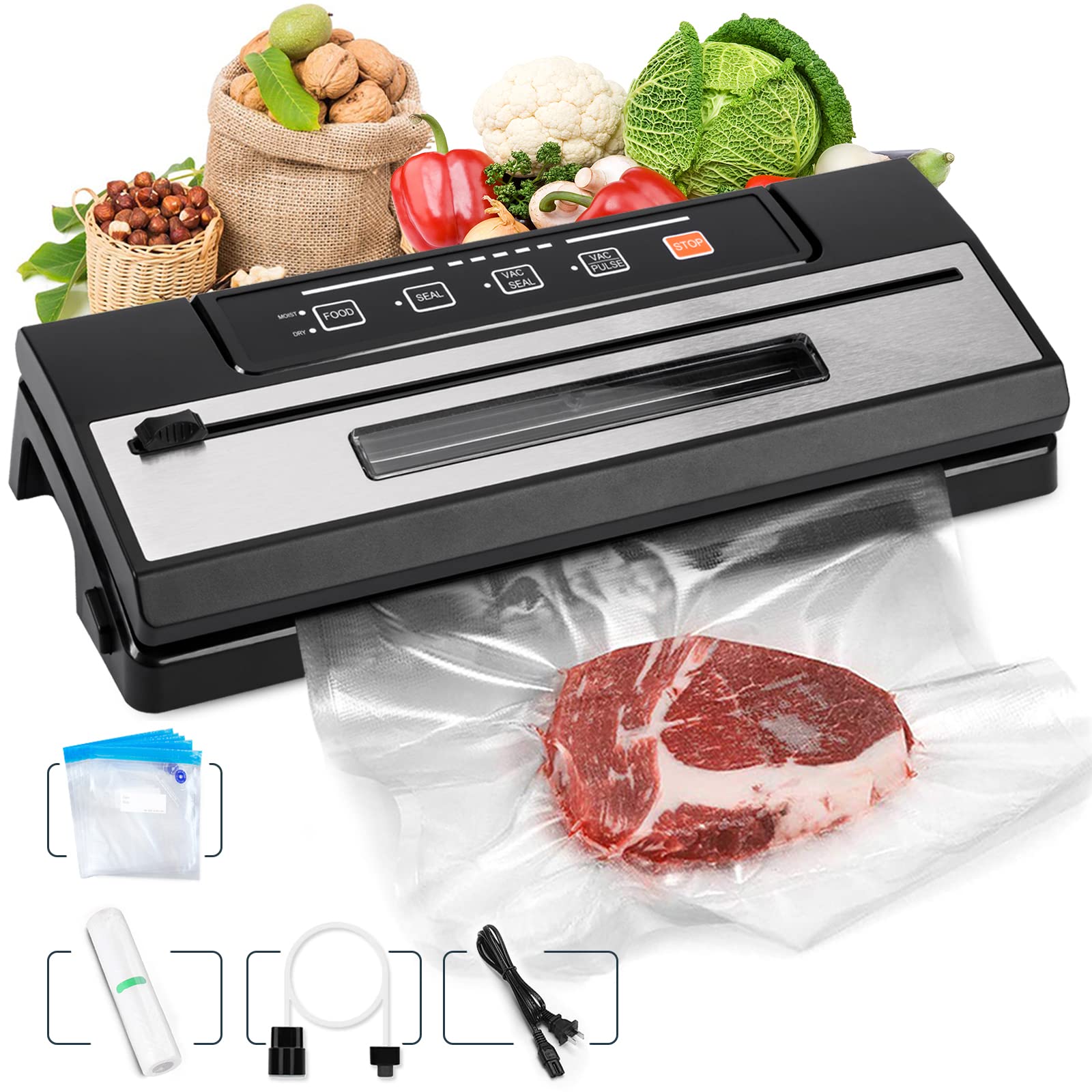 Toprime Vacuum Food Sealer Machine - 80kPa Powerful Sealing System with Roll Bag Cutter, Sous Vide Bags & Hose | Dry & Moist Food Modes for Meal Prep, Sous Vide Cooking, Food Storage & Freezing | Perfect for Home Kitchens, Camping & Commercial Use