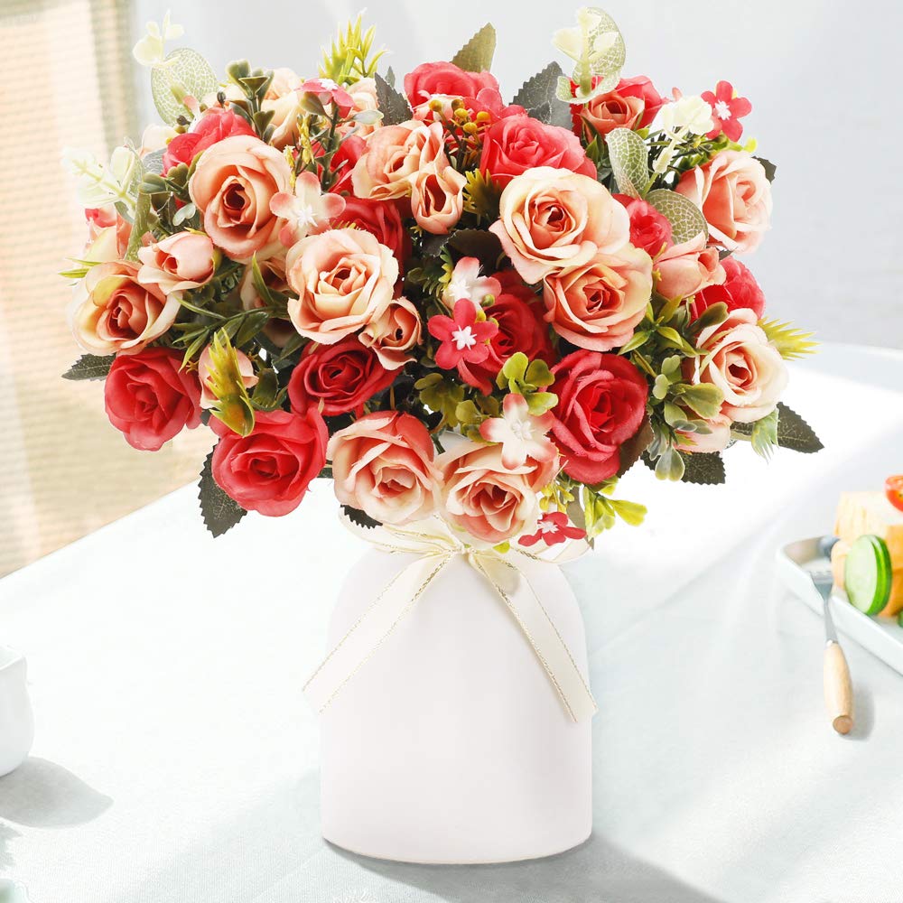 LESING Artificial Silk Rose with Vase - Realistic Fake Flowers for Wedding Bouquets, Home & Office Decor, Party Centerpiece, Table Arrangement (Red) | Perfect for Romantic Events, Home Styling & Gift Giving