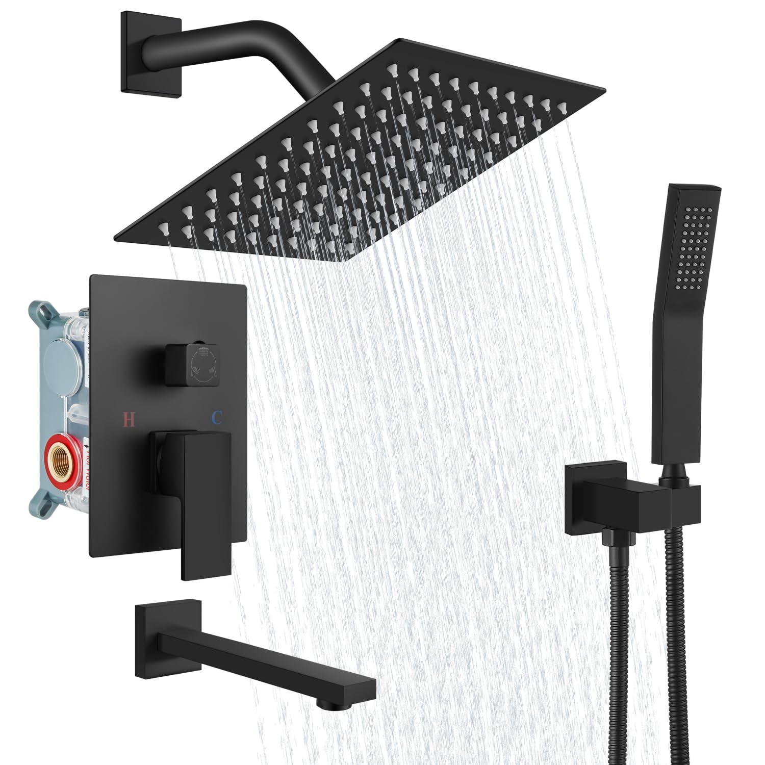 Matte Black Wall Mounted Shower System - 8 Inch Rainfall Shower Head with Tub Filler, 3-Function Shower Faucet Set, Handheld Spray & Rough-in Valve - Perfect for Modern Bathroom Renovations and Spa-Like Shower Experiences
