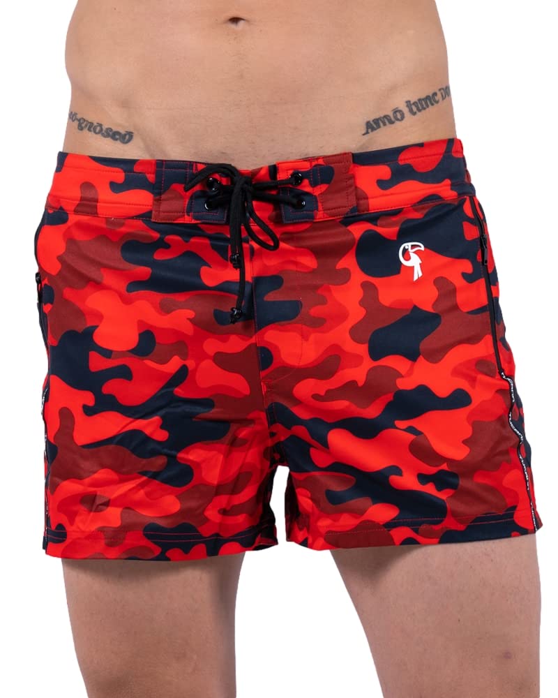 Tucann Men's Camo Swim Trunks - Quick Dry Beach Swimming Shorts with Pockets - Printed Bathing Suits for Pool, Vacation & Water Sports (Red Camo, Small)