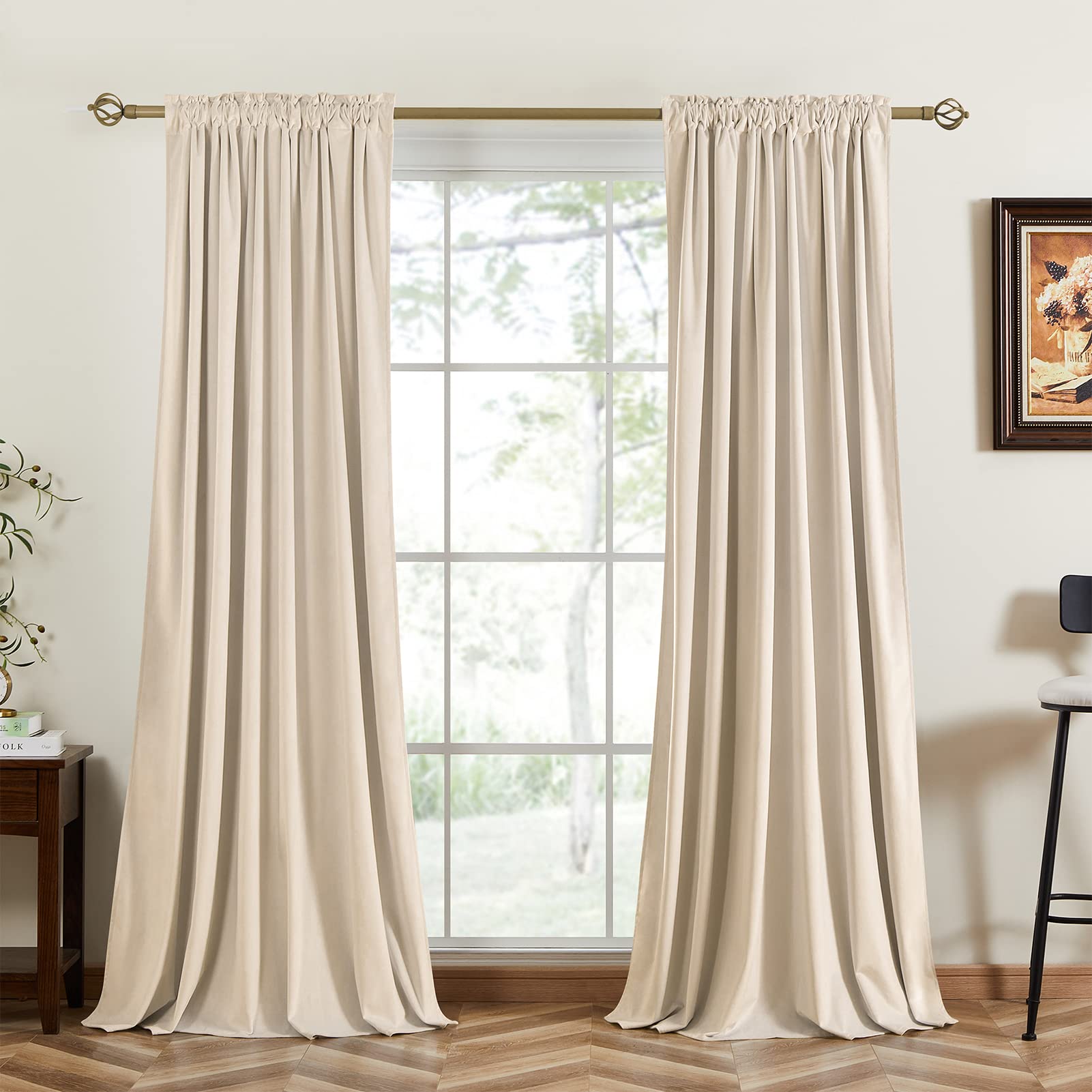 Topfinel Blackout Velvet Curtains 108 Inches Long - Thermal Insulated Room Darkening Drapes with Rod Pocket & Back Tab for Bedroom & Living Room (2 Panels, Beige) | Perfect for Light Blocking, Privacy & Energy Saving in Home & Office