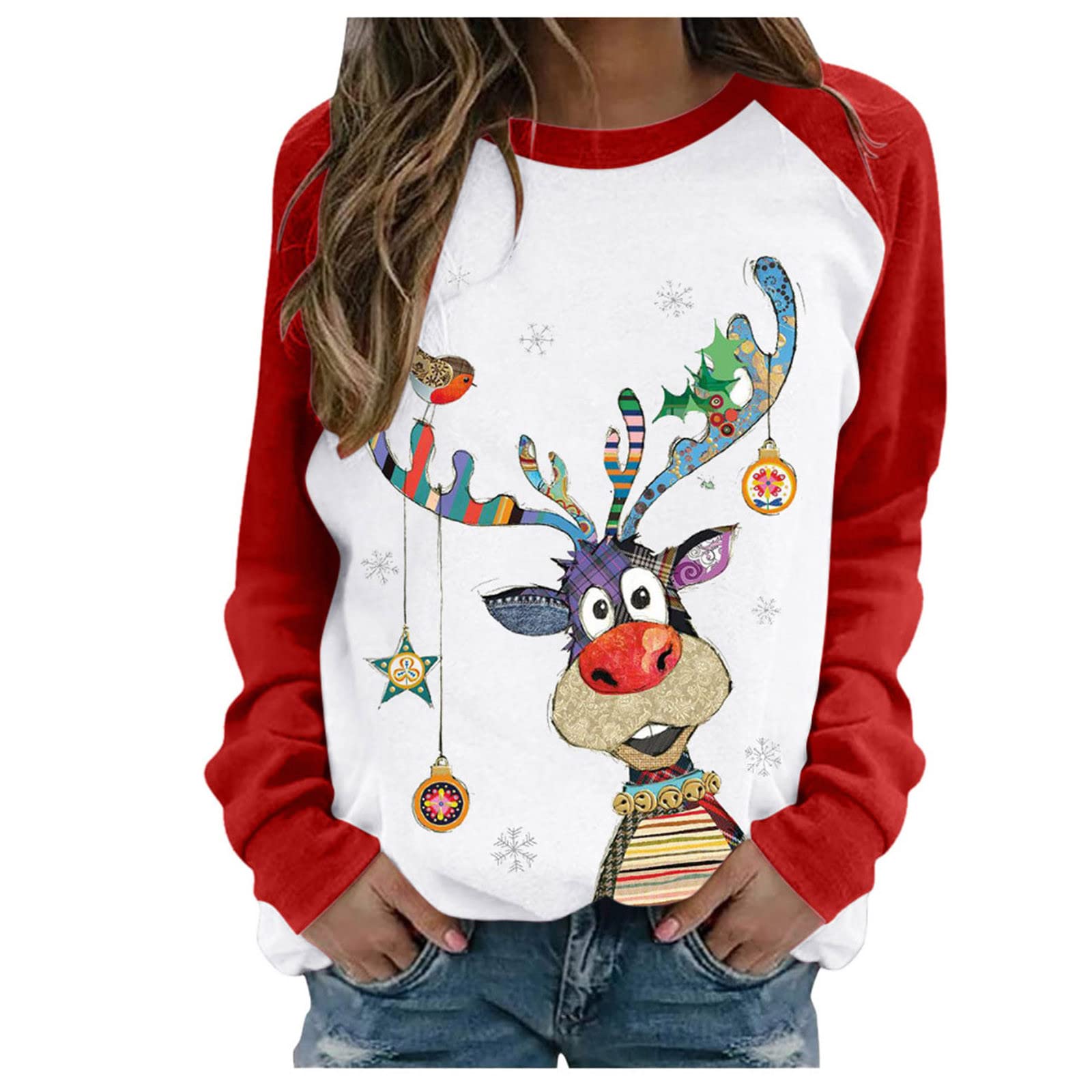 Women's Christmas Printed Long Sleeve T-Shirt - Cute Holiday Crewneck Pullover Sweatshirt - Loose Fit Casual Comfy Top for Xmas Party, Family Gathering & Winter Outfits
