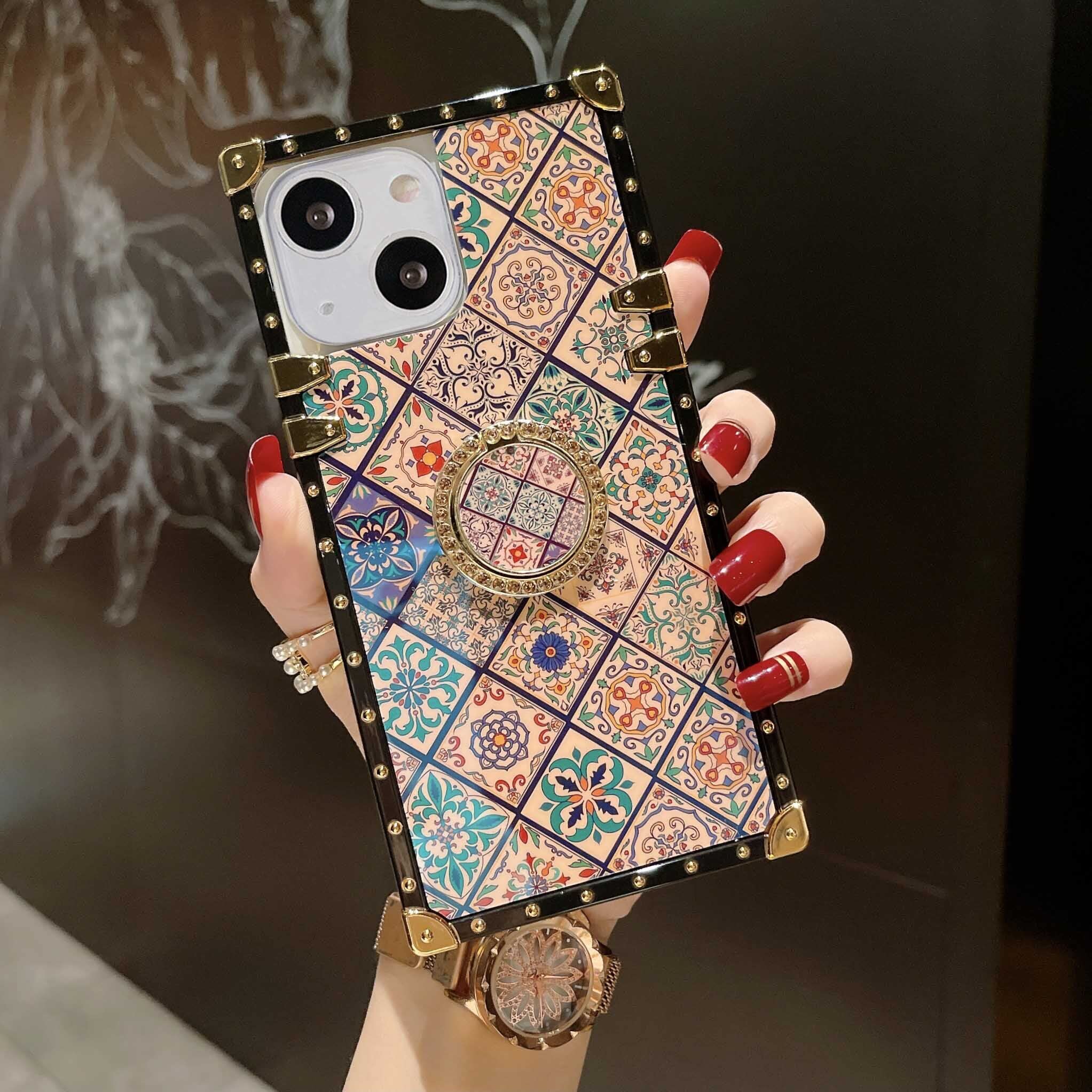 Retro Square Totem Blue Ray Phone Case for iPhone 13 with Glitter Holder Ring - Indian Hippie Bohemian Psychedelic Peacock Diamond Lattice Mandala Shockproof Cover (iPhone 13 6.1'') - Perfect for Festival, Travel & Boho Style Lovers