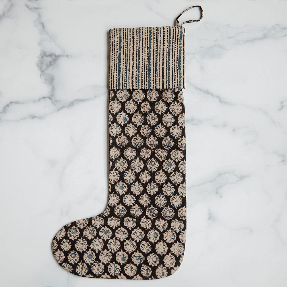 Unique Handmade Block Printed Christmas Stocking No. 0595 - Perfect for Holiday Decorations, Gift Giving & Festive Home Styling