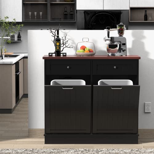 10 Gallon Double Tilt-Out Trash Cabinet - Wooden Free Standing Laundry Sorter & Recycling Bin with Hideaway Drawer - Kitchen Waste Storage Solution for Home Organization (Black) - Perfect for Laundry Rooms, Kitchens, and Garages