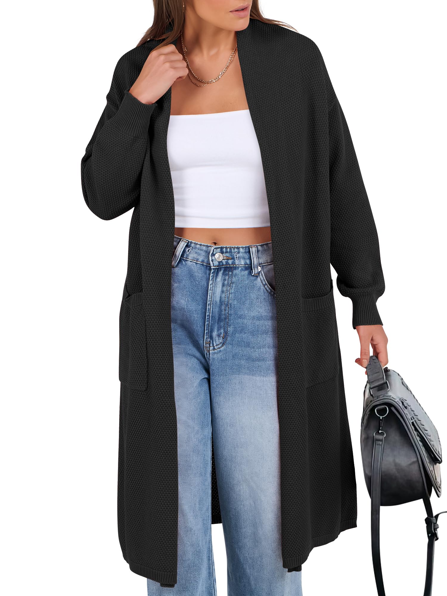 ANRABESS Women's Long Cardigan Sweater - Open Front Long Sleeve Slouchy Oversized Coat, Chunky Knit Waffle Coatigan for Fall 2024 | Perfect for Layering, Office Wear & Casual Outfits