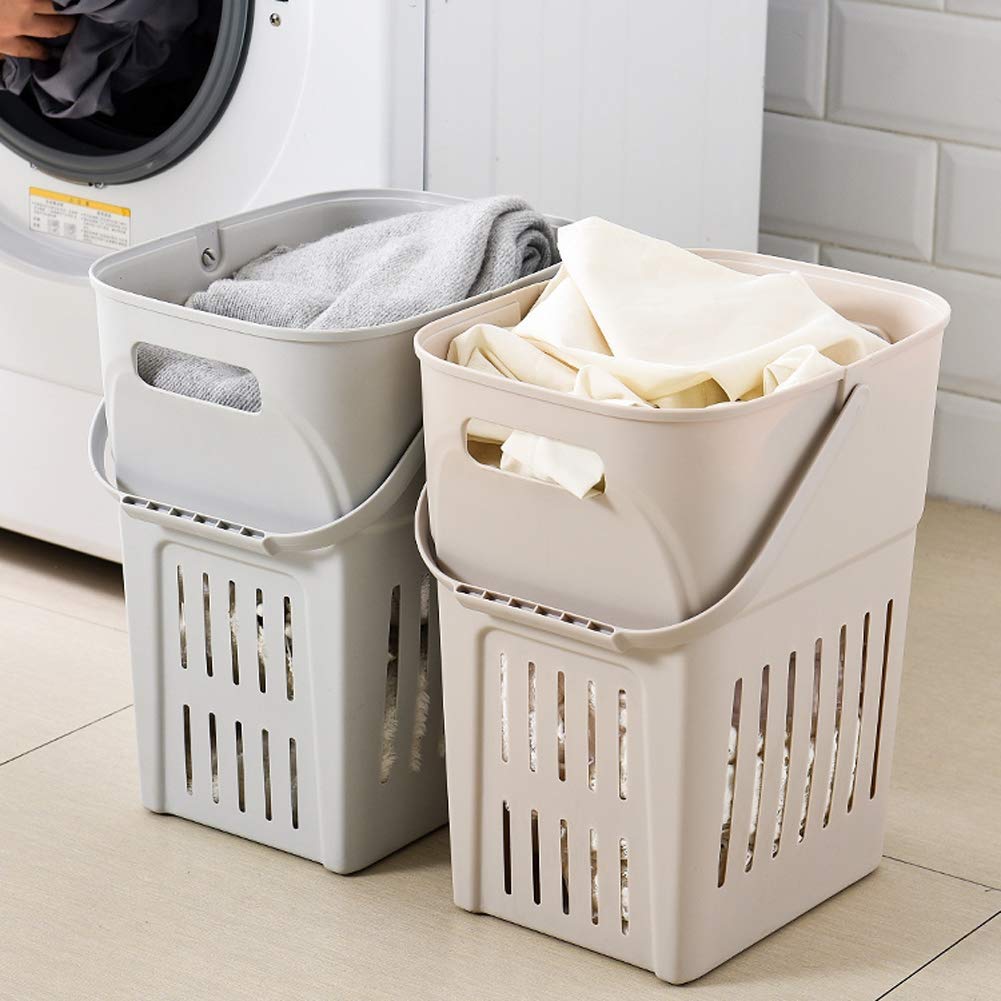 Large Plastic Laundry Basket with Pulley Design - Heavy Duty Storage Bin for Dirty Clothes, Baby Toys, Bathroom Towels (2-Pack, Khaki & Gray) - Perfect for Laundry Room, Nursery, and Bathroom Organization