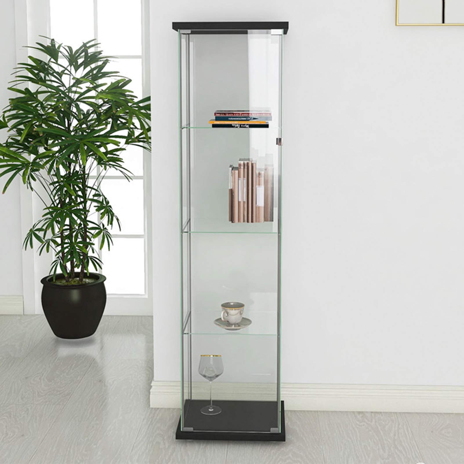 Glass-Door Display Cabinet with 4 Shelves - Floor Standing Bookshelf for Living Room, Bedroom & Office - Perfect for Showcasing Books, Toys & Collectibles - Black (Ideal for Home Decor & Retail Displays)