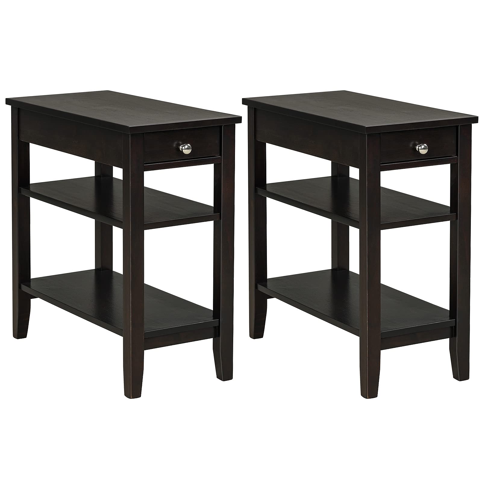 Giantex Set of 2 Narrow End Tables with Drawer & 2-Tier Open Shelves - Compact Nightstand for Bedroom, Living Room | Small Space Furniture in Espresso Finish | Perfect for Apartments, Dorms & Cozy Spaces
