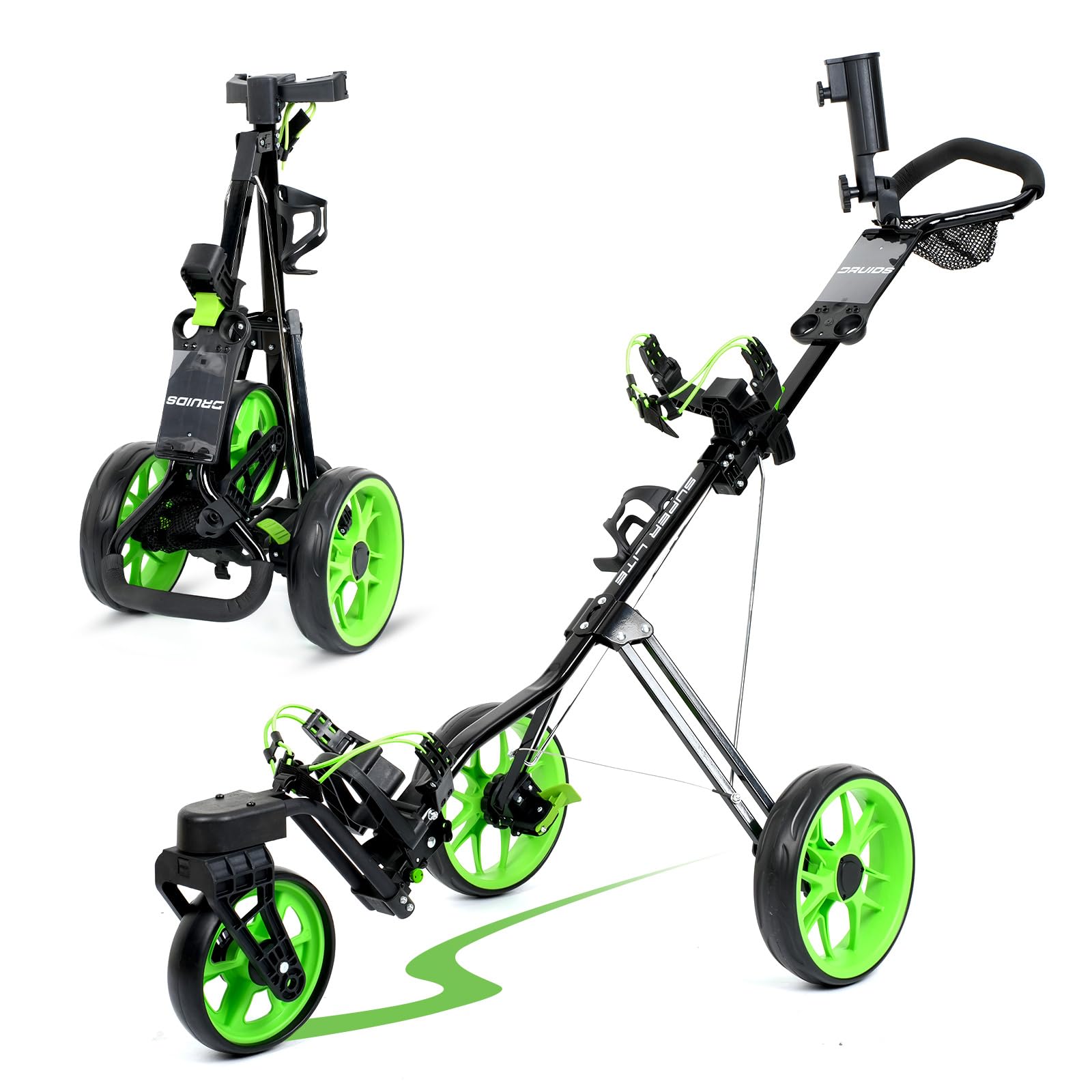 DRUIDS Golf 360 Push Cart - Lightweight 3-Wheel Swivel Golf Push Cart with Umbrella Holder & Brake System | Foldable & Portable Golf Caddy for Walking | Perfect for Golf Courses, Practice Ranges & Outdoor Sports