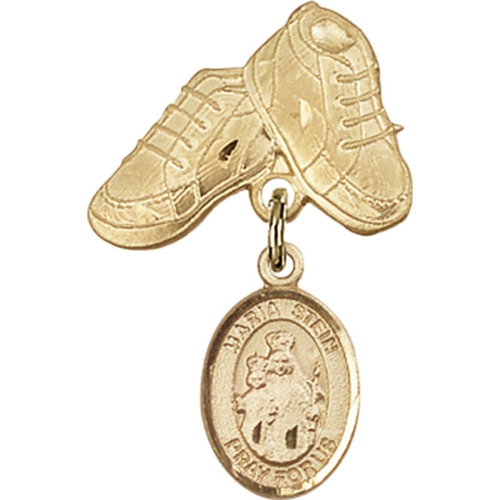 Gold Filled Baby Badge with Maria Stein Charm & Baby Boots Pin - 1 X 5/8 Inch - Perfect for Christening Gifts, Baby Showers & Keepsake Jewelry