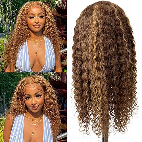 20inch Ombre Blonde Highlight Human Hair Wigs 13x4 Lace Frontal #4/27 Honey Blonde to Brown Deep Curly Brazilian Virgin Hair Lace Front Wig for Women - 150% Density, Pre-Plucked Hairline, Heat Resistant & Restyleable | Perfect for Daily Wear, Cosplay, Parties & Special Occasions