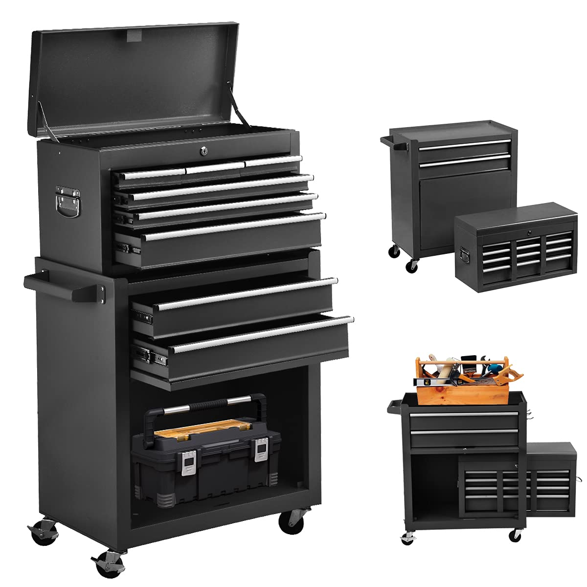 8-Drawer Rolling Tool Chest with Wheels - High Capacity Detachable Mobile Tool Cabinet Organizer for Workshop, Garage & Mechanics | Heavy Duty Tool Storage for DIY Projects & Professional Use (Cool Black)