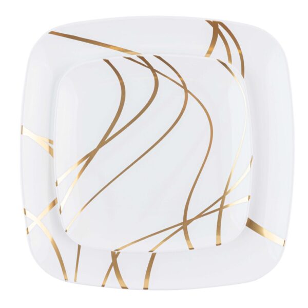 32-Pack White & Gold Square Plastic Dinnerware Set for 16 Guests - Elegant Disposable Plates, Cups & Cutlery - Perfect for Weddings, Parties, BBQs & Outdoor Events