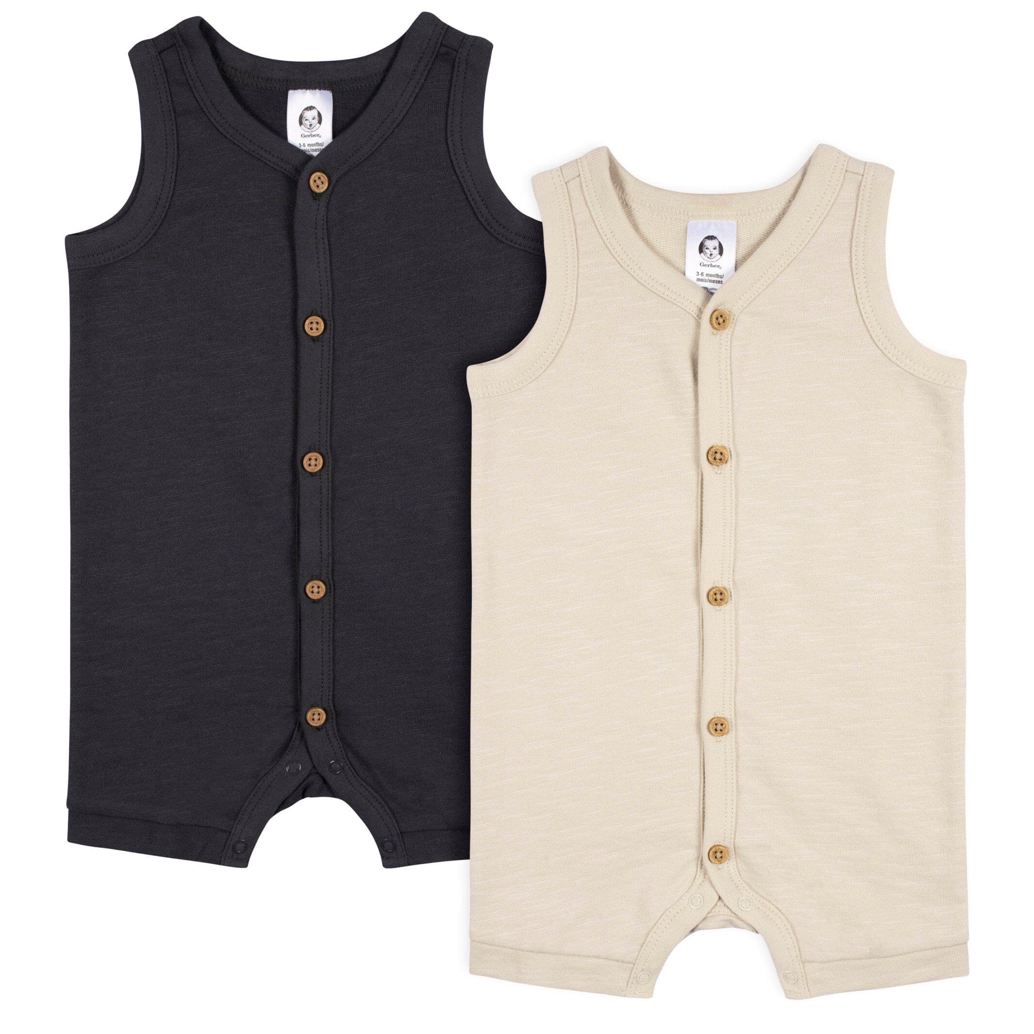 2 Pack Baby Boys Tan & Dark Gray Short Leg Sleeveless Romper - Soft Cotton Summer Outfits for Newborns & Infants - Perfect for Playtime, Beach & Family Photos