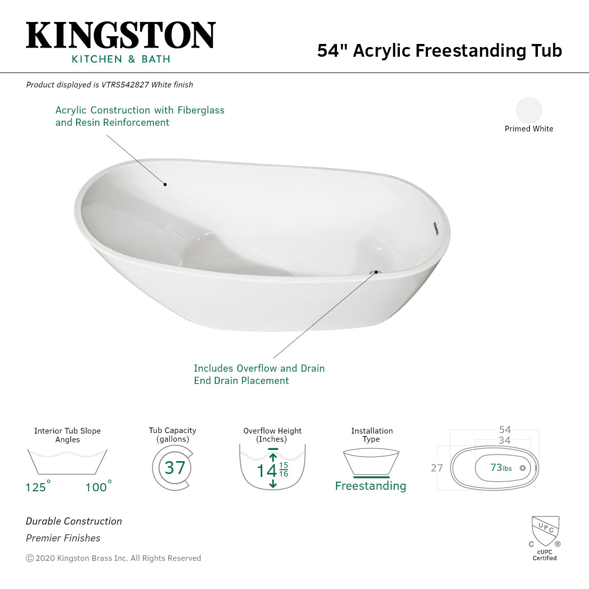 Aqua Eden 54 Inch Acrylic Oval Freestanding Bathtub - Glossy White Slipper Soaking Tub with Drain | Modern Bathroom Luxury for Spa-Like Relaxation at Home