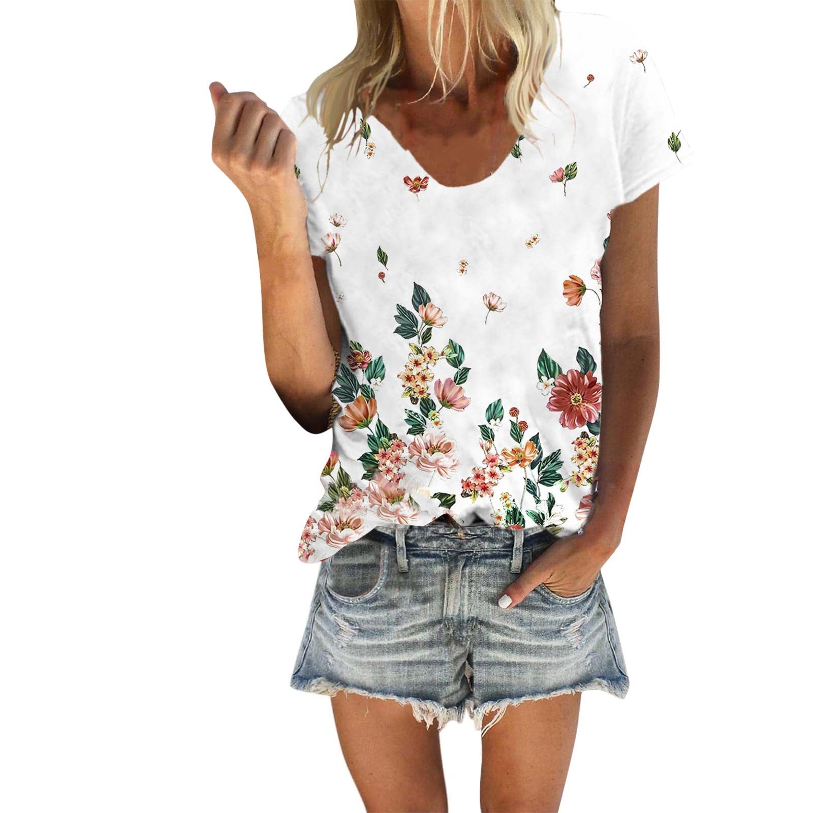 Women's Extra Long Casual Summer V-Neck Printed T-Shirt - Fashionable Blouse for Fall, Perfect for Daily Wear, Office, and Weekend Outings