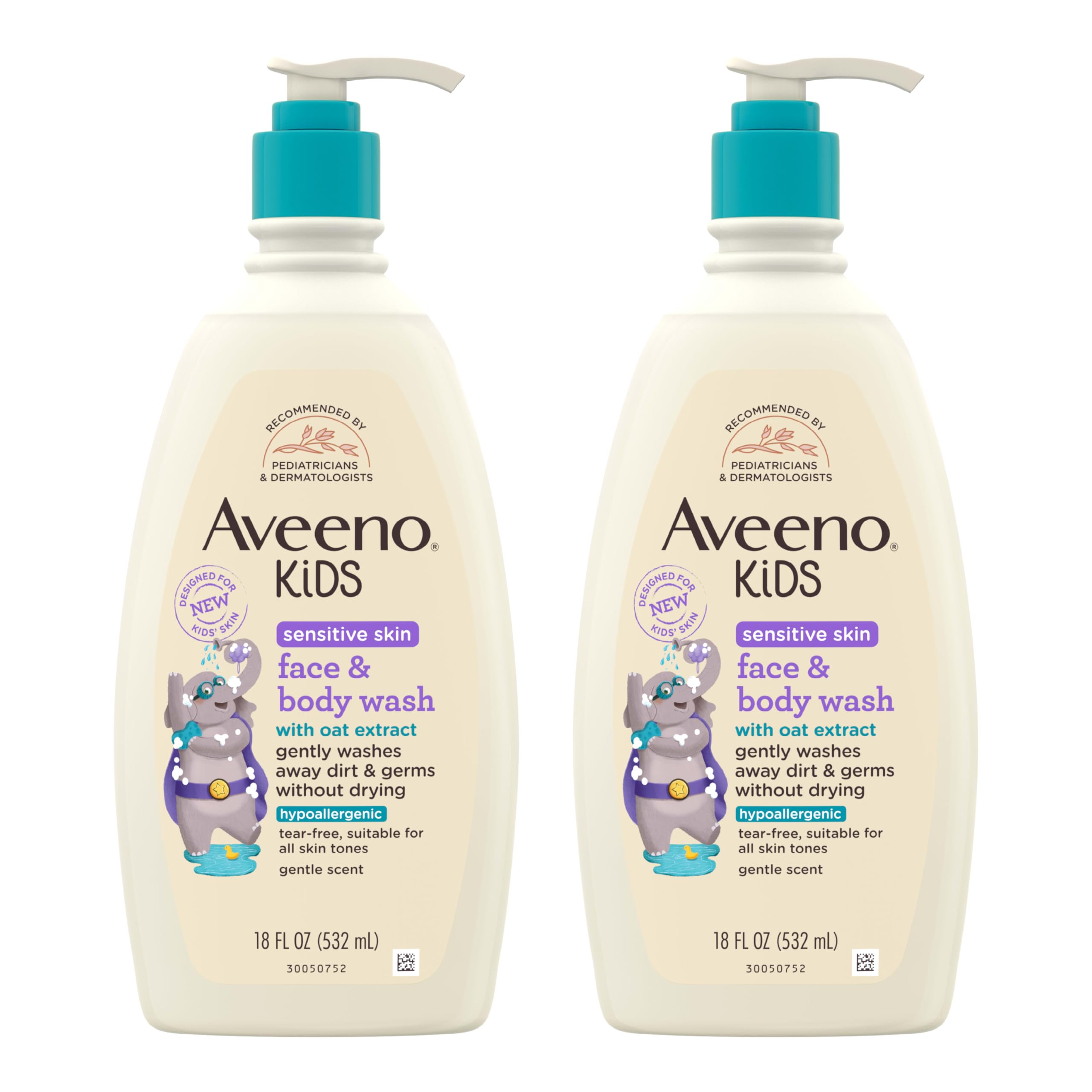 Aveeno Kids Sensitive Skin Face and Body Wash with Oat Extract - Gentle Tear-Free Hypoallergenic Cleanser for Dry Skin - 18 fl oz (2 Pack) - Perfect for Daily Bath Time & Sensitive Skin Care