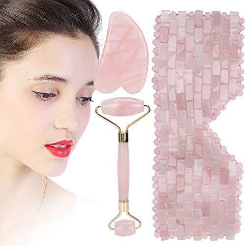 Rose Quartz Gua Sha Set with Jade Roller & Eye Pads - Natural Facial Massage Tools for Skin Care, Lymphatic Drainage & Relaxation - Perfect Gift for Face, Eyes, Arms & Back - Spa & Home Beauty Routine