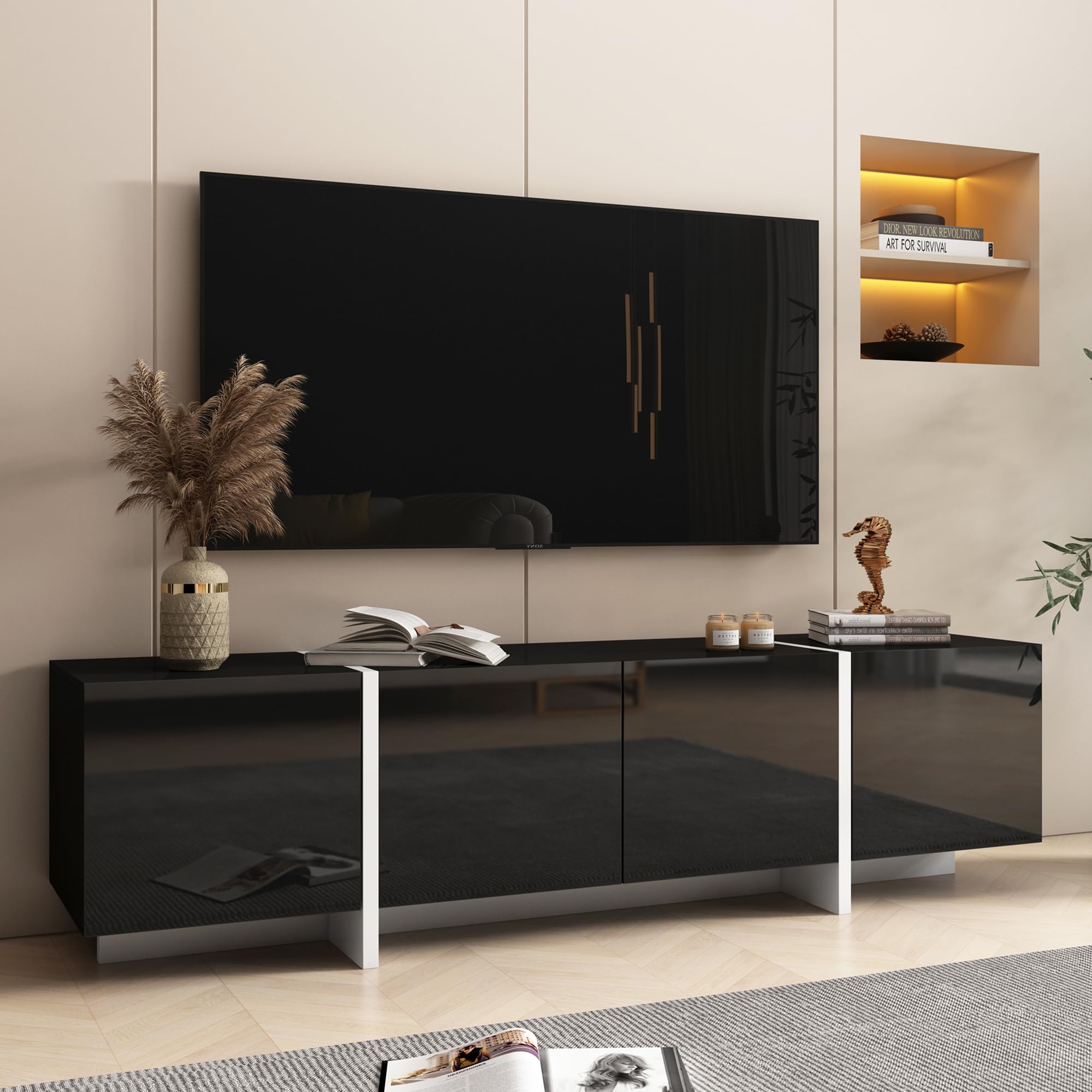 Modern TV Stand for 65 70 75 Inch TVs - Black Entertainment Center with Storage & Adjustable Hinge, Living Room TV Console Table - Perfect for Home Theater Setup & Family Entertainment Spaces