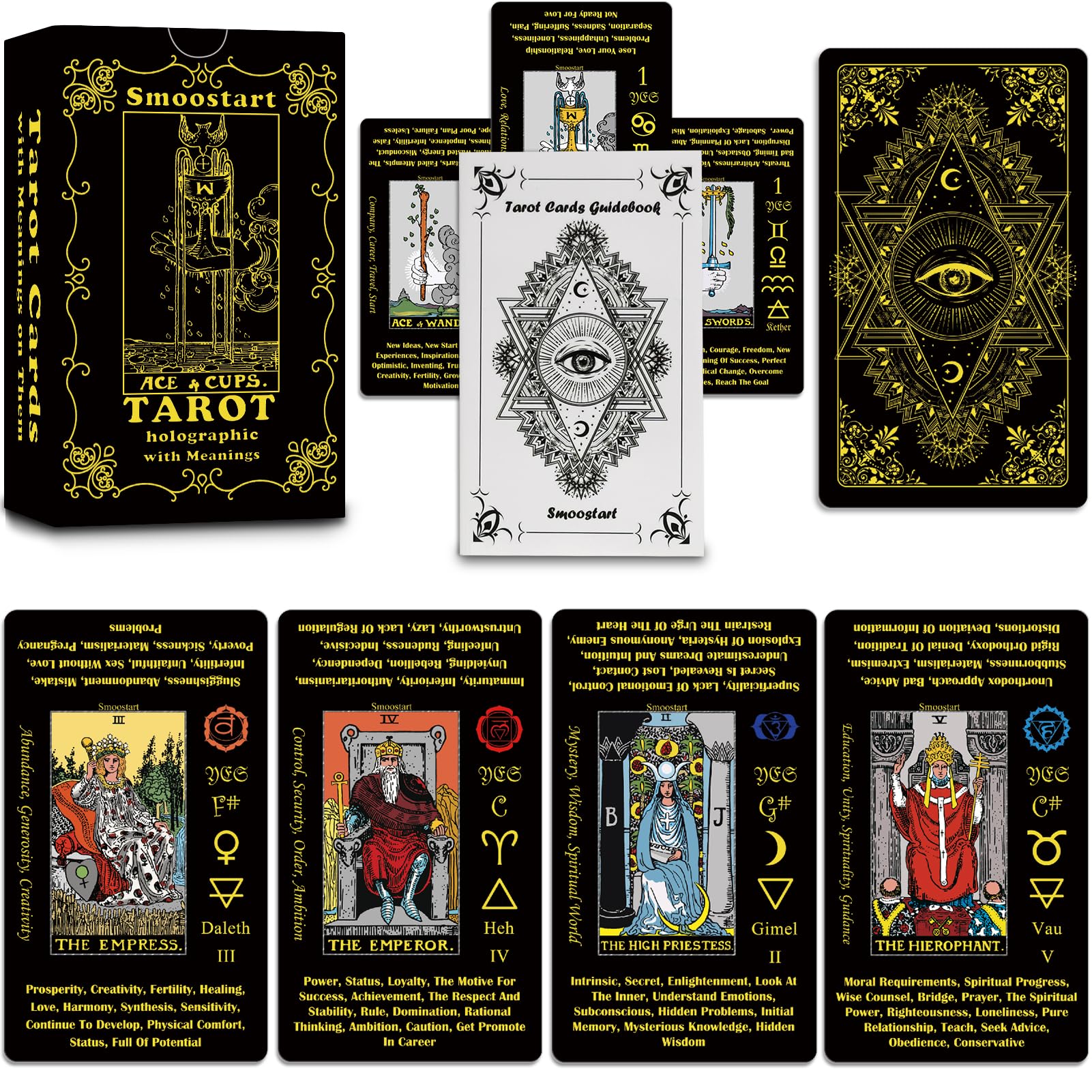 Smoostart Black Holographic Tarot Cards Deck for Beginners - 78 Cards with Meanings & Keywords, Includes Guide Book - Perfect for Divination, Meditation & Spiritual Growth