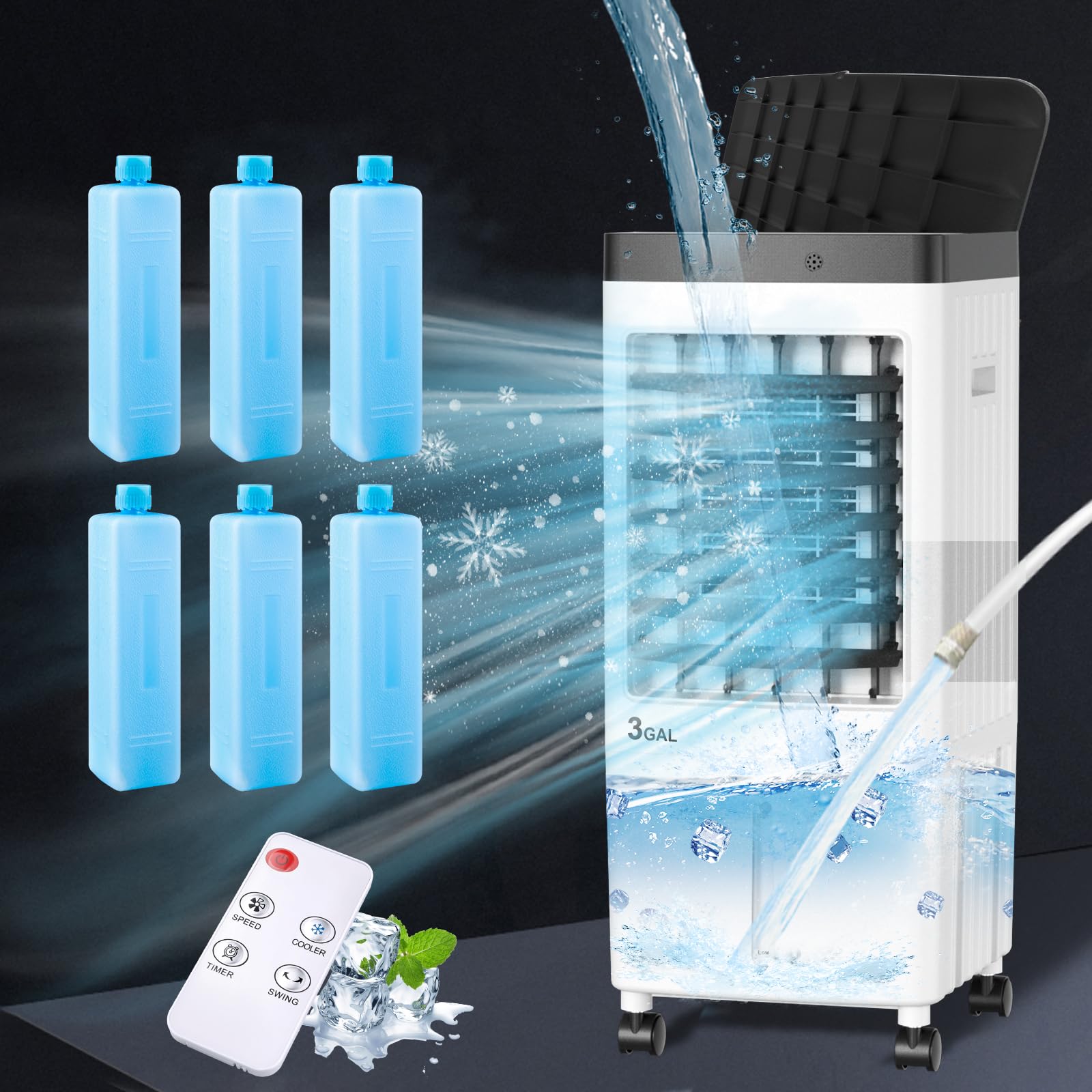 Portable Air Conditioner 3.2 Gallon - 20H Cooling, 6 Ice Packs, 3 Speed Settings, 70° Oscillating, Timer Function - Perfect for Bedroom, Kitchen, Garage & Office Cooling