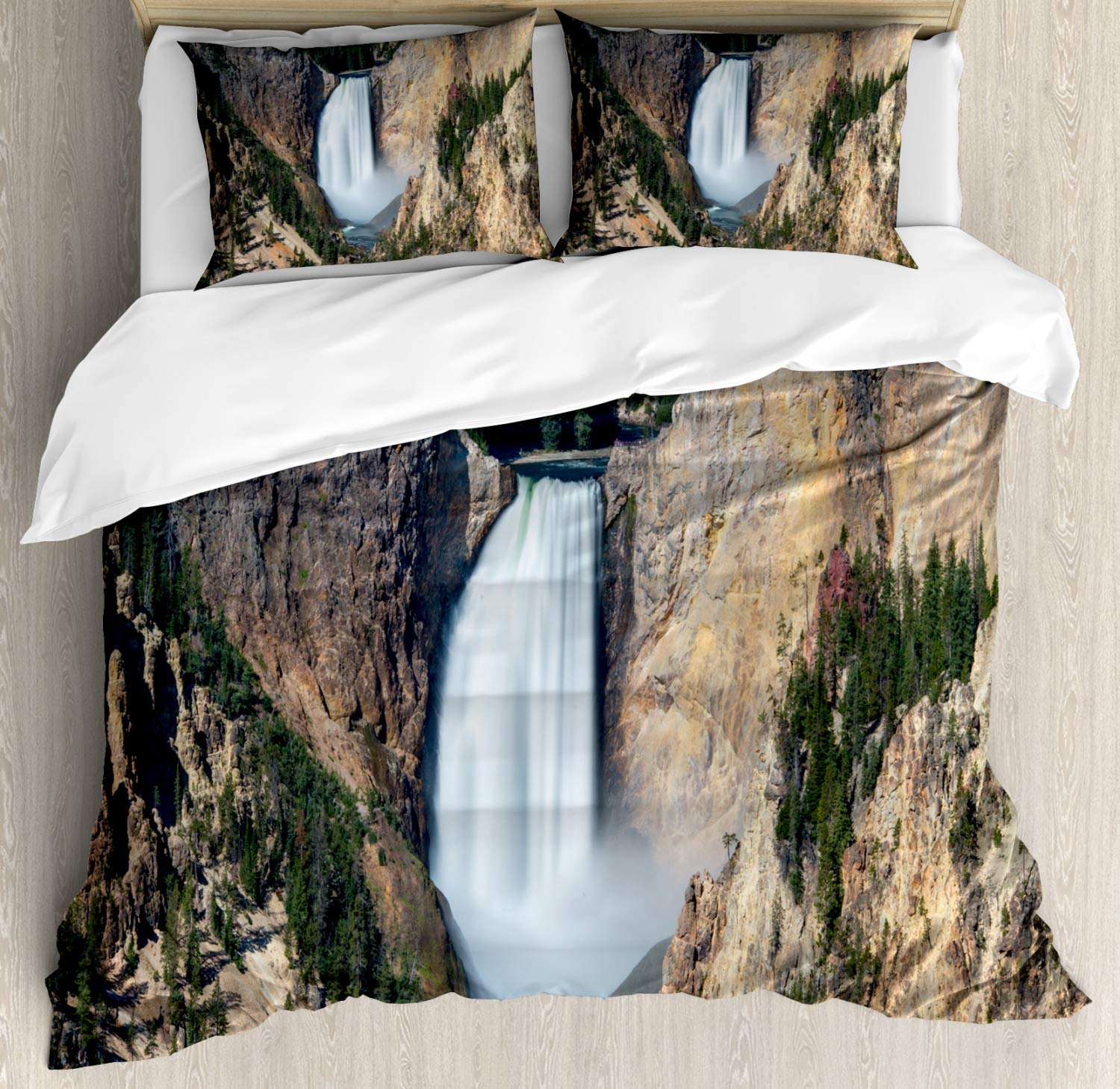 Ambesonne Wyoming Duvet Cover Set - Grand Canyon Yellowstone Waterfall Outdoor Scene - 3 Piece Queen Size Bedding Set with 2 Pillow Shams - Sand Brown & Hunter Green - Perfect for Nature Lovers Bedroom Decor & Cozy Cabin Retreats
