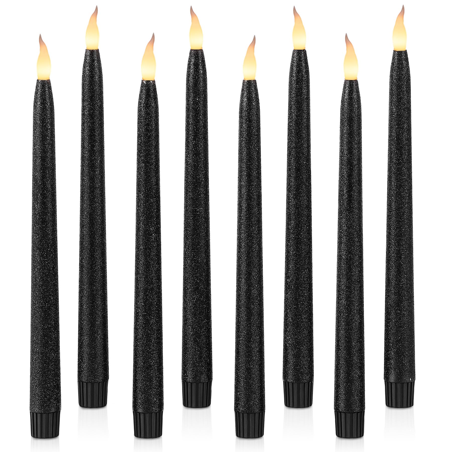 Rhytsing 11-Inch Black Glitter Flameless Taper Candles with Timer - Battery Operated LED Candles for Halloween Decorations, Wedding Centerpieces & Home Ambiance - Set of 8